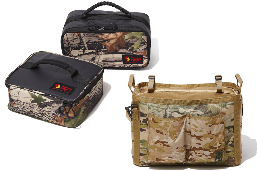 バリスティクスのコンテナとオレゴニアンキャンパーのギアバッグ。カモ