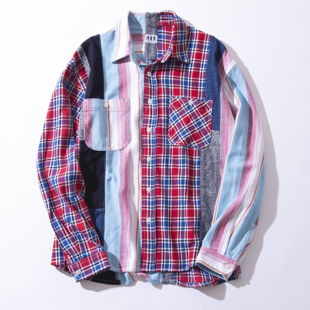 【美品】REMI RELIEF ネルシャツ くすみブルー×ピンク パッチワークS