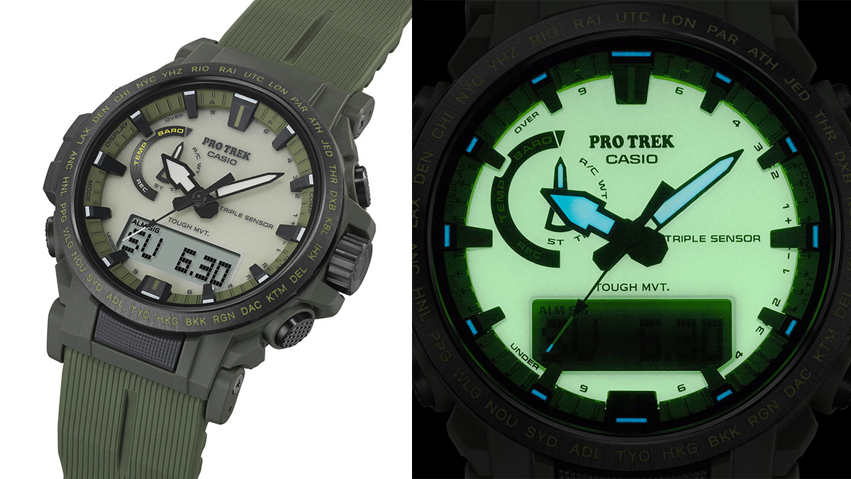 透過する全面蓄光文字板を採用して、夜の視認性ピカイチ！ プロ