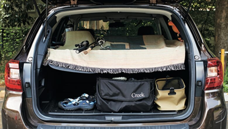 トノカバーはロッドを収納するのにちょうどいい高さ。ラグはFTCのデカロゴ入り。