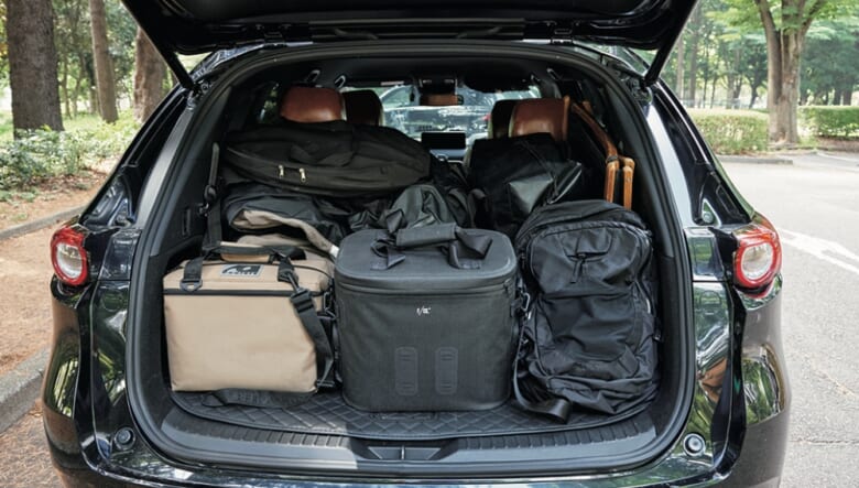 ラゲッジにはクーラーボックスやチェアなどデイキャンプのセットを積載。「これで奥多摩に行きます」。