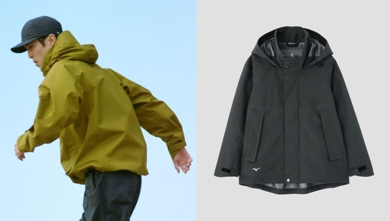 ミズノとマーガレット・ハウエルのコラボアイテムを着るモデルとGore-Tex RECYCLED POLYESTER POPLIN COAT