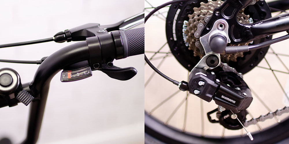 信頼性の高いシマノ製 7段変速を搭載している。