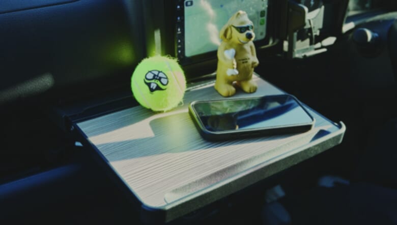 ユニークな顔がプリントされたテニスボールは村上さん作。車内にはフィギュアや雑貨も数多く、楽しげな空間が広がる。