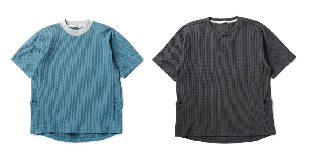 マルチワッフルクルーネックTシャツ　、マルチワッフルヘンリーネックTシャツ