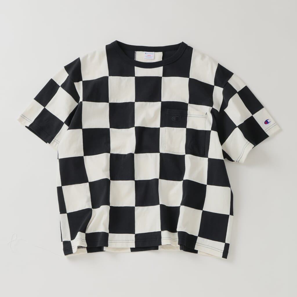 JS relume×CHAMPION 別注 パッチワーク チェッカーフラッグ Tシャツ
