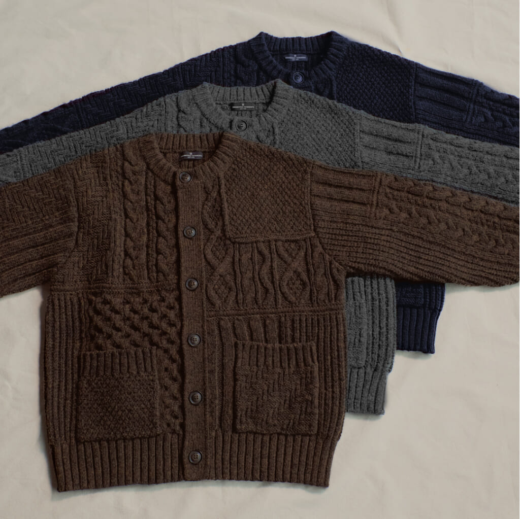 GU×ENGINEERED GARMENTS ケーブルクルーネックカーディガン