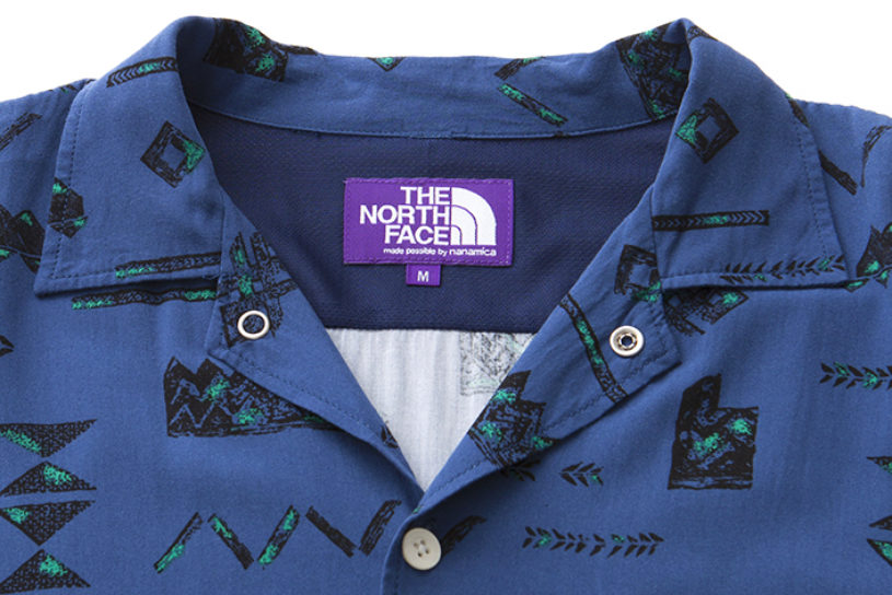 幾何学柄とレーヨン素材で涼しげな、ザ・ノース・フェイス パープルレーベルの開襟シャツ。